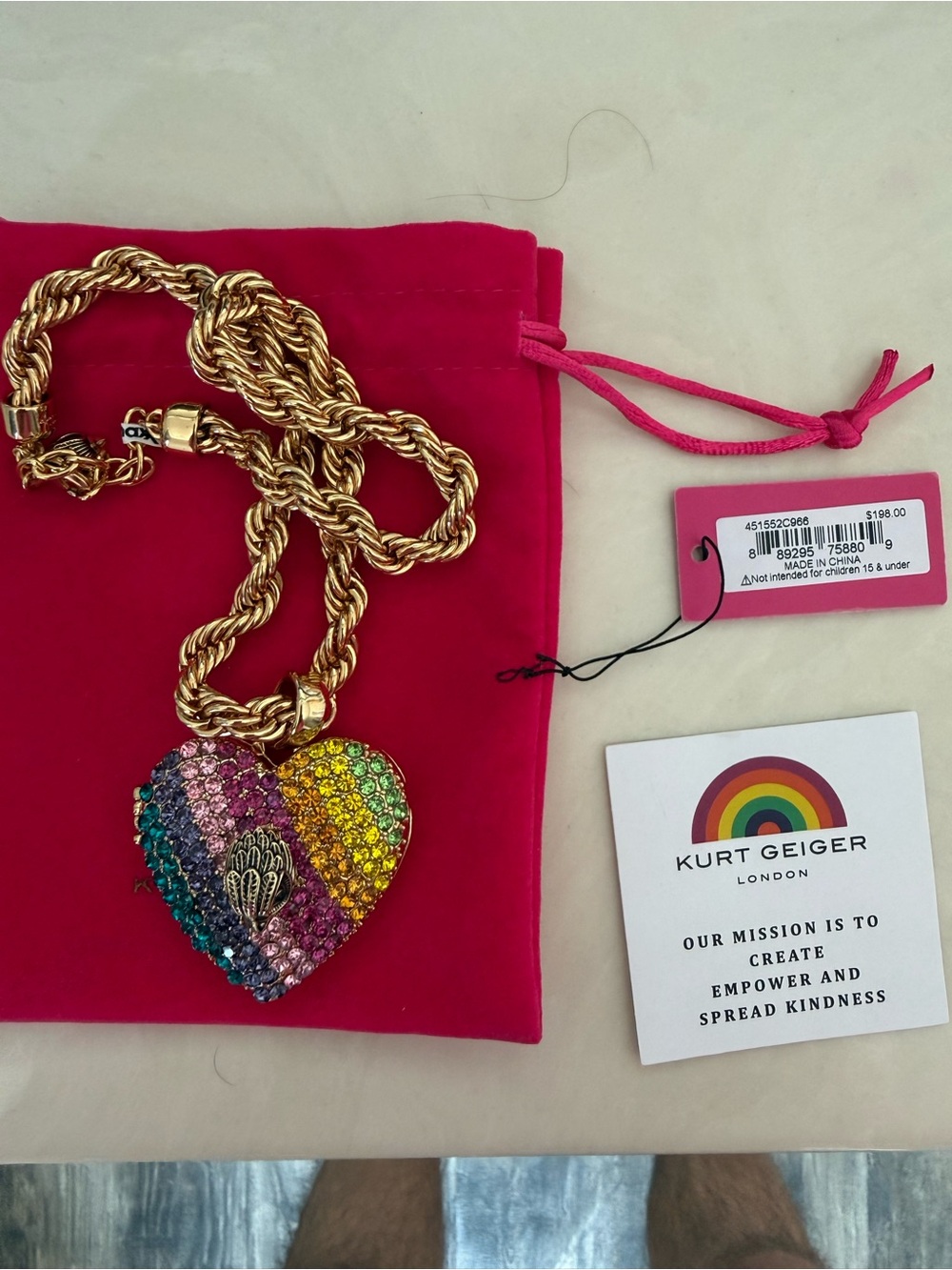 Kurt Geiger Gold Rope Chain Necklace with Multicolor Crystal Heart Pendant